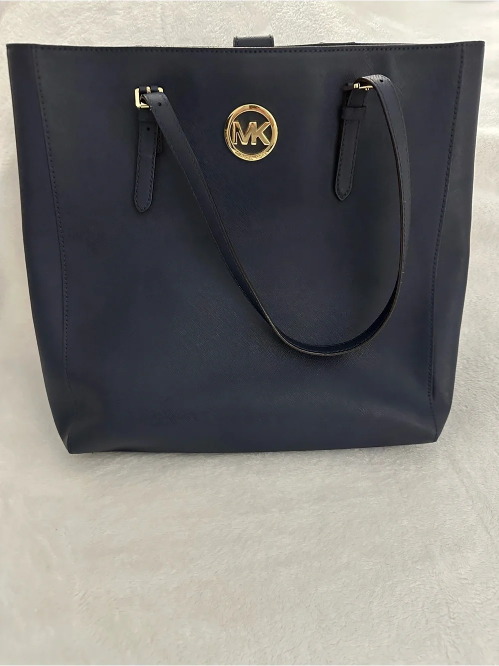 Michael Kors Navy Saffiano Zip-Top Tote with Gold MK Emblem